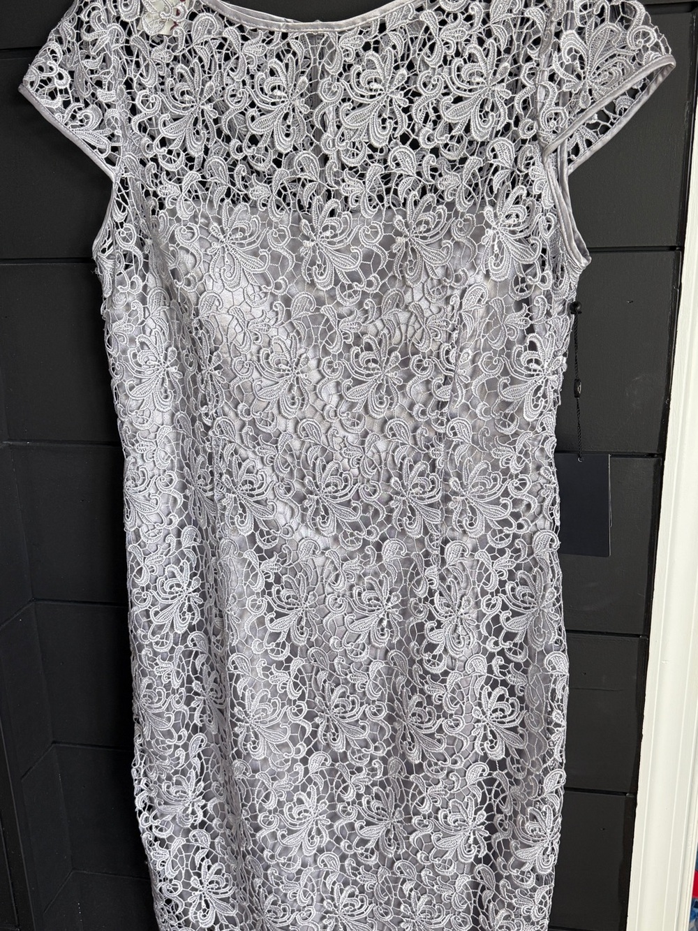 Adrianna Papell Silver Floral Lace Midi Dress